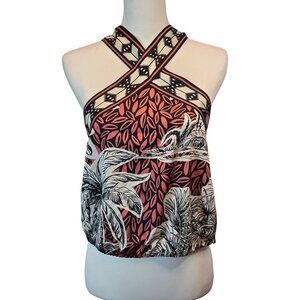RACHEL ZOE Women's Floral Palm Tree Tropical Tie Neck Cropped Halter Top Sz: L M